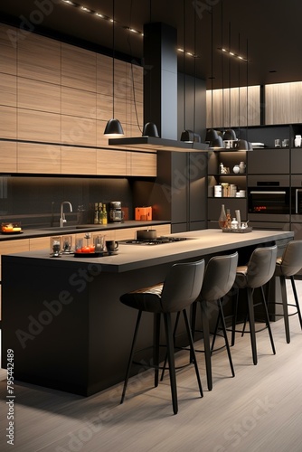 b'Black and wood grain modern kitchen with large island'