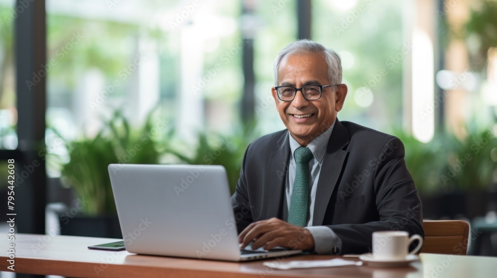 Smiling senior Indian business executive sitting at desk using laptop. Smiling senior Indian business executive sitting at desk using laptop.