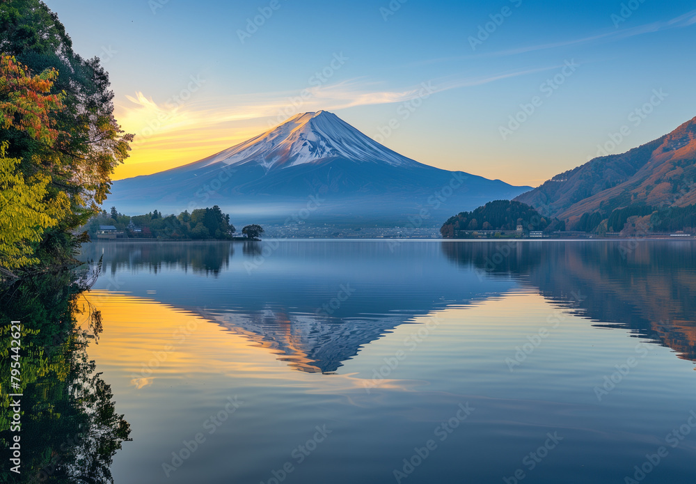 Photograph of Mount Fuji at sunrise with reflection in Lake, Generative AI