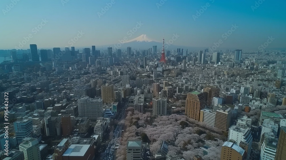 Fototapeta premium b'Tokyo cityscape with cherry blossoms and Tokyo Tower'