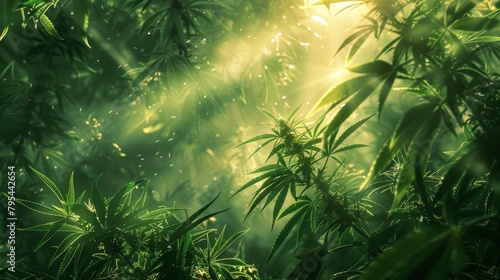 The sun shines through a lush cannabis forest