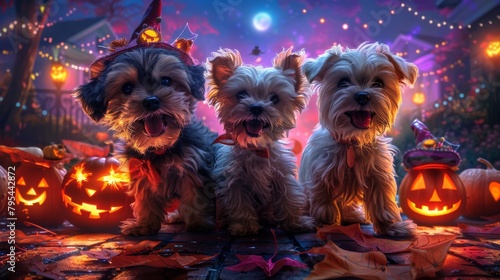 Three cute dogs in Halloween costumes sitting in front of a spooky house photo