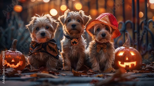 Three cute puppies in Halloween costumes sitting in front of a jack-o-lantern. photo