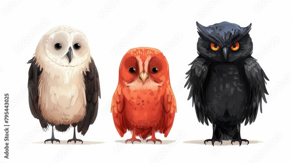 Three owls, one white, one red, and one black, all with big eyes and fluffy feathers. Three owls, one white, one red, and one black, all with big eyes and fluffy feathers.