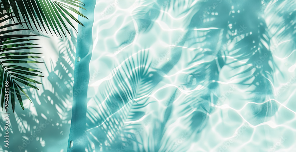 Summer and holiday background with palm leaf on swimming pool and in nature lighting.