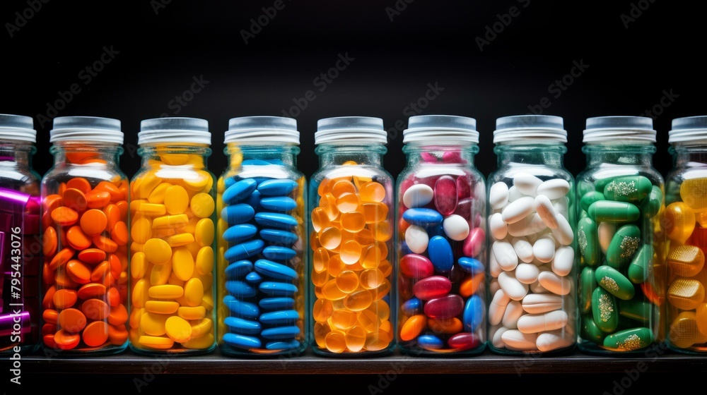 b'Colorful pills and tablets in glass jars' b'Colorful pills and tablets in glass jars'