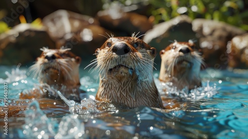 Three otters swimming in a river