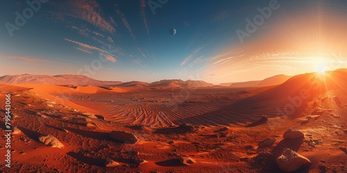 b'Red sand desert with blue sky and sun'
