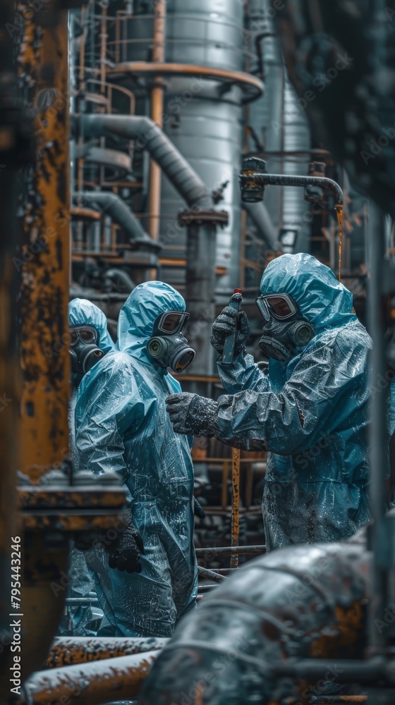 Three people in hazmat suits standing in an industrial setting. Three people in hazmat suits standing in an industrial setting.