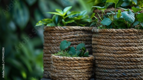 Three rope plant pots with green plants in them.