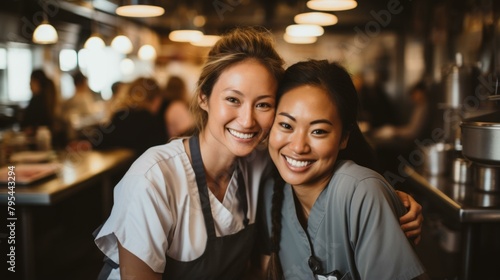 b'Portrait of two female chefs smiling in a commercial kitchen' photo