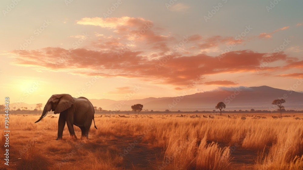 b'Elephant walking through the tall grass savanna during sunset'