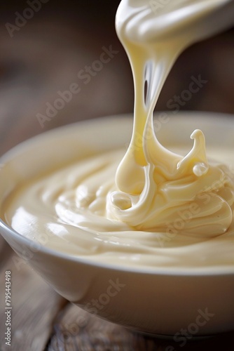 Delve into the silky depths of liquid mayonnaise, its pale hue and velvety flow creating an atmosphere of tranquility