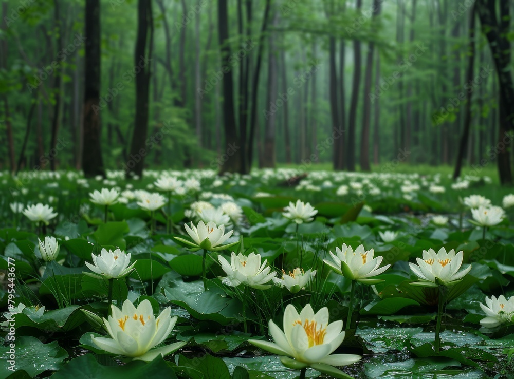 White water lilies in a green forest