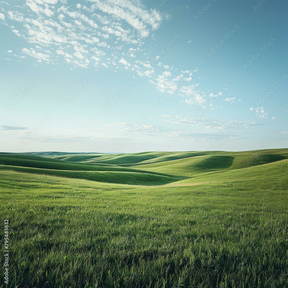 b'Landscape of green rolling hills under a blue sky with white clouds'