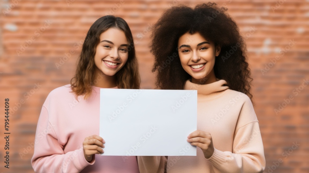 b'Two young women of different ethnicities holding a blank sign and smiling' b'Two young women of different ethnicities holding a blank sign and smiling'