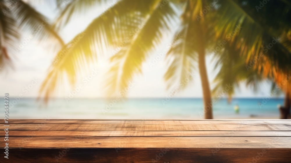 Wooden table surface with sea view and palm leaves. Calm sea and sky at beach background