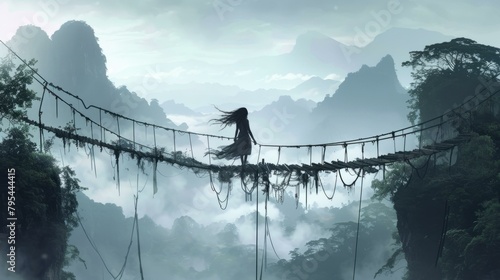 b'A woman walking on a rope bridge in the jungle' photo
