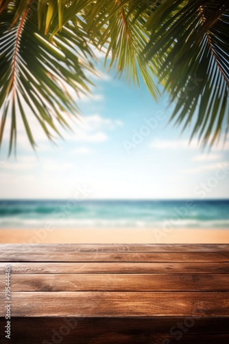 Wooden table surface with sea view and palm leaves. Calm sea and sky at beach background