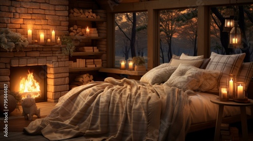 b'Cozy cabin bedroom with fireplace and candles'