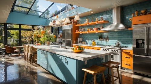 b'Blue and orange kitchen with large windows'