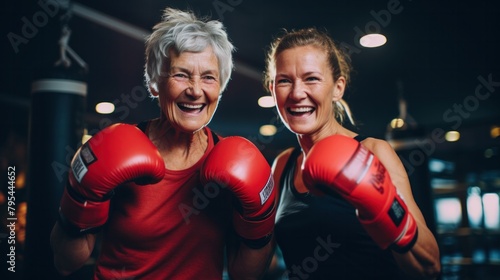 Two women wearing gloves raise their hands up, smiling, looking at the camera. © jureephorn