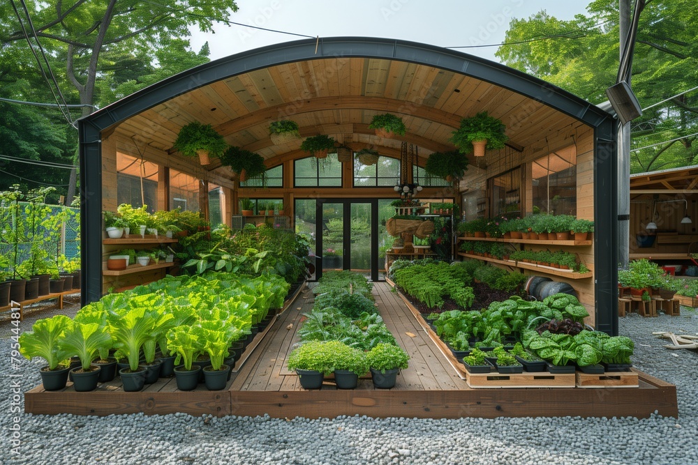 vibrant garden in front of a wooden structure with various types of green plants and vegetables growing healthily vibrant garden in front of a wooden structure with various types of green plants and vegetables growing healthily