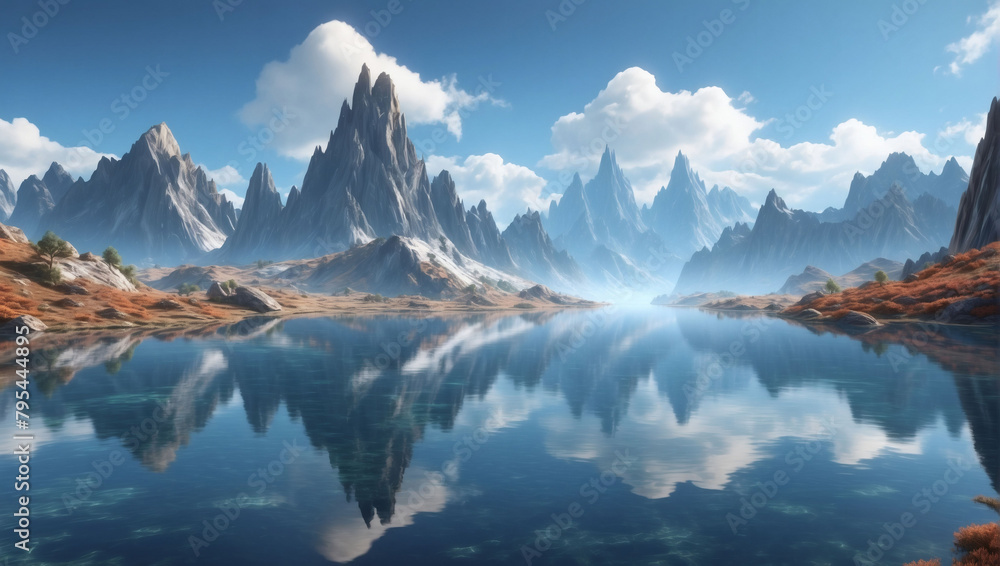 Enchanted Horizon, D Render of a Fantasy Landscape, Mountains Mirrored in Tranquil Waters.