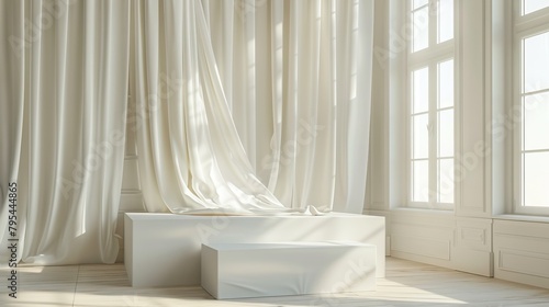 Elegant white room with podium and curtains photo