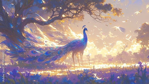 A vibrant peacock with feathers that change colors, standing in an enchanted garden filled with blooming flowers and lush greenery under the warm glow of sunlight.  photo
