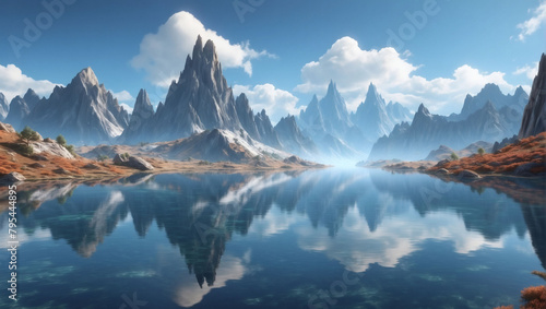 Enchanted Horizon  D Render of a Fantasy Landscape  Mountains Mirrored in Tranquil Waters.