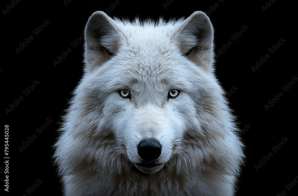 A wolf with a white face and fur. The wolf has a very intense look on its face