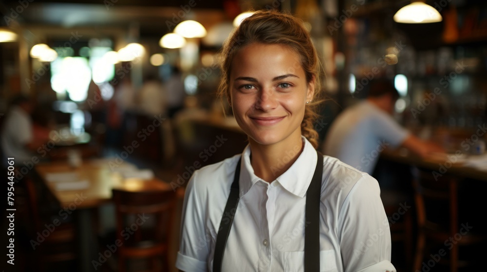 b'Portrait of a young waitress smiling at the camera'
