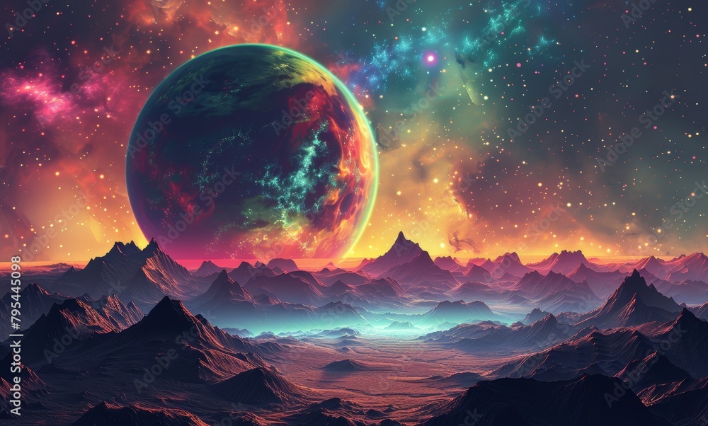 A colorful planet with a blue sky and a large body of water. The sky is filled with stars and the planet is surrounded by mountains