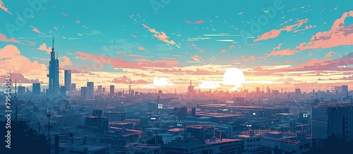 A wide shot of the cityscape  colorful sky with clouds  pink and blue hues