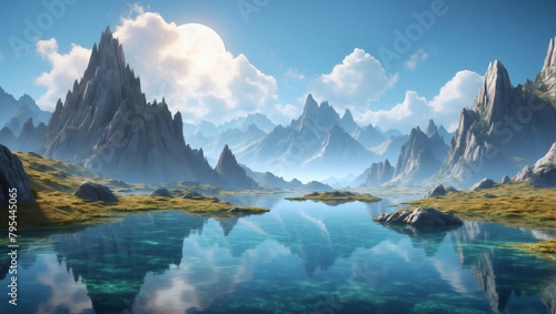 Enchanted Horizon, D Render of a Fantasy Landscape, Mountains Mirrored in Tranquil Waters.