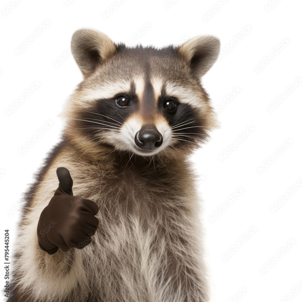 A raccoon giving a thumbs up isolated on white background