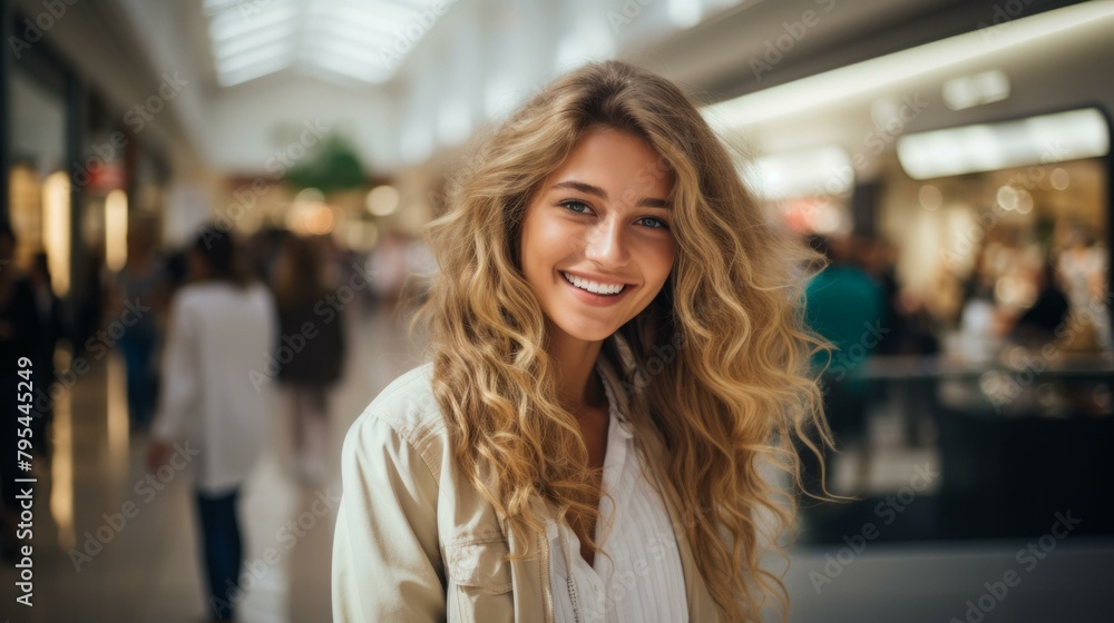 b'Portrait of a smiling young woman with long blond hair wearing a white shirt and tan jacket in a shopping mall' b'Portrait of a smiling young woman with long blond hair wearing a white shirt and tan jacket in a shopping mall'