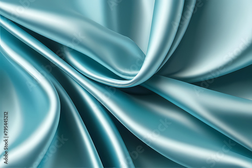 Blue silk fabric luxury background. Wavy abstract satin cloth texture pattern. Smooth shiny drape material curtain.