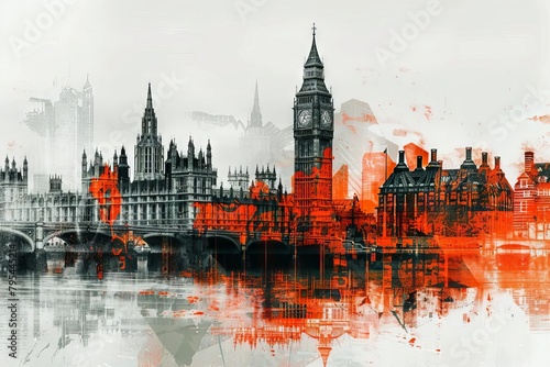 minimalist london cityscape with big ben double exposure contemporary collage illustration photo