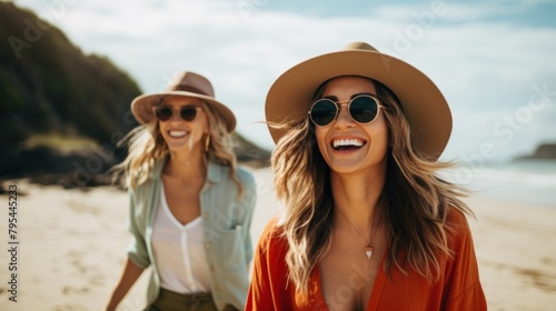 A young woman wearing a hat and glasses, smiling, looking at the camera, walks along the beach. © jureephorn