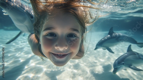 Dolphins and girls swim underwater together