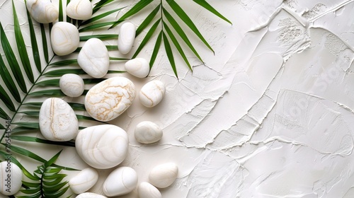 White pebbles and green palm leaves on a white textured background.