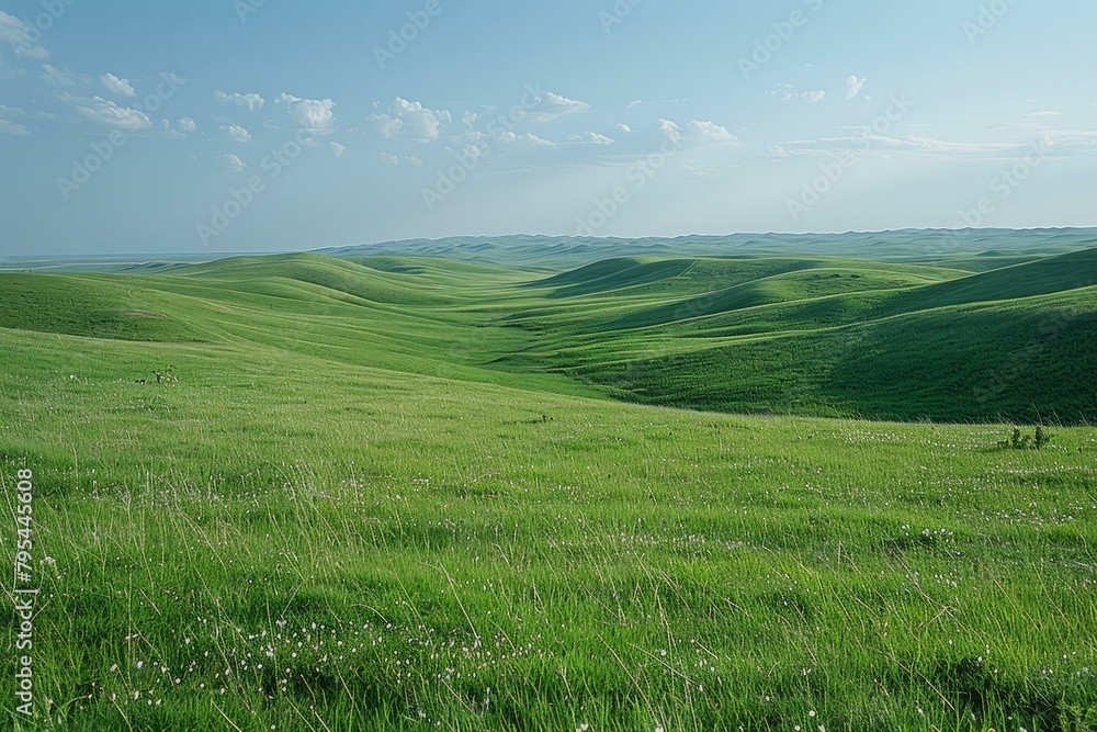 b'Vast green rolling hills under blue sky with clouds'