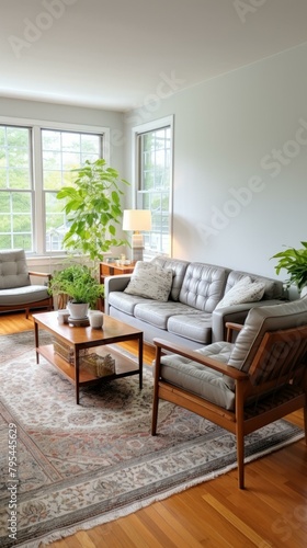b'A mid-century modern living room with a gray leather sofa, two armchairs, and a coffee table'