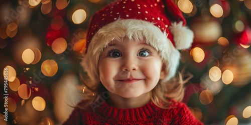 b'Little girl in Santa hat smiling in front of Christmas tree'