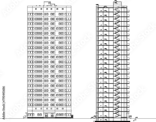 Vector sketch illustration design drawing of modern multi-storey apartment hotel building