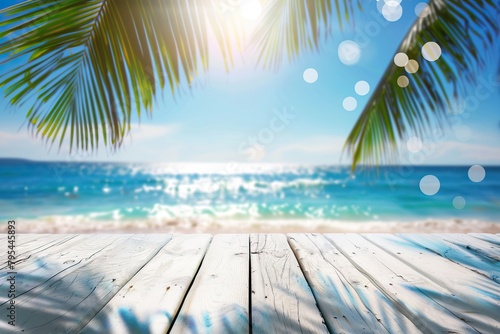 A wooden table on a tropical beach with palm trees and the ocean in the background.