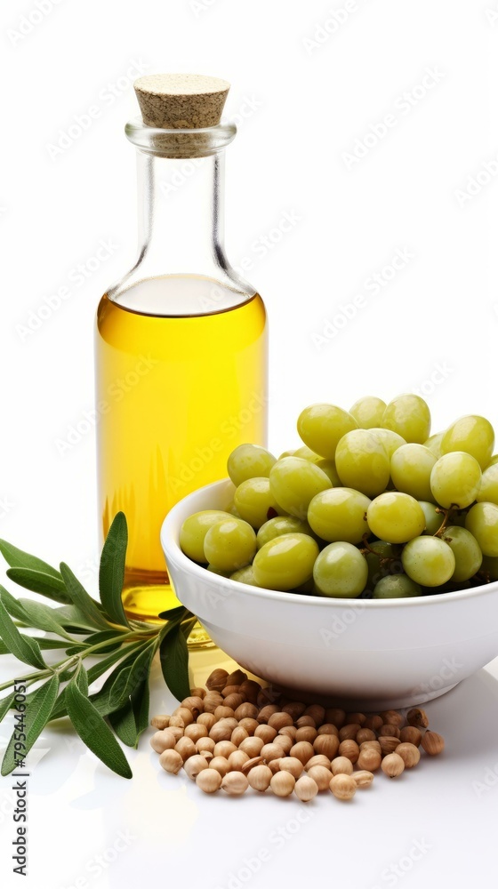 b'A bowl of green grapes, a bottle of oil and a bowl of chickpeas' b'A bowl of green grapes, a bottle of oil and a bowl of chickpeas'