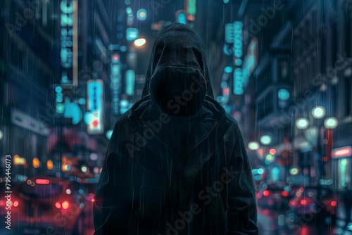 mysterious hooded figure standing on city street at night digital illustration